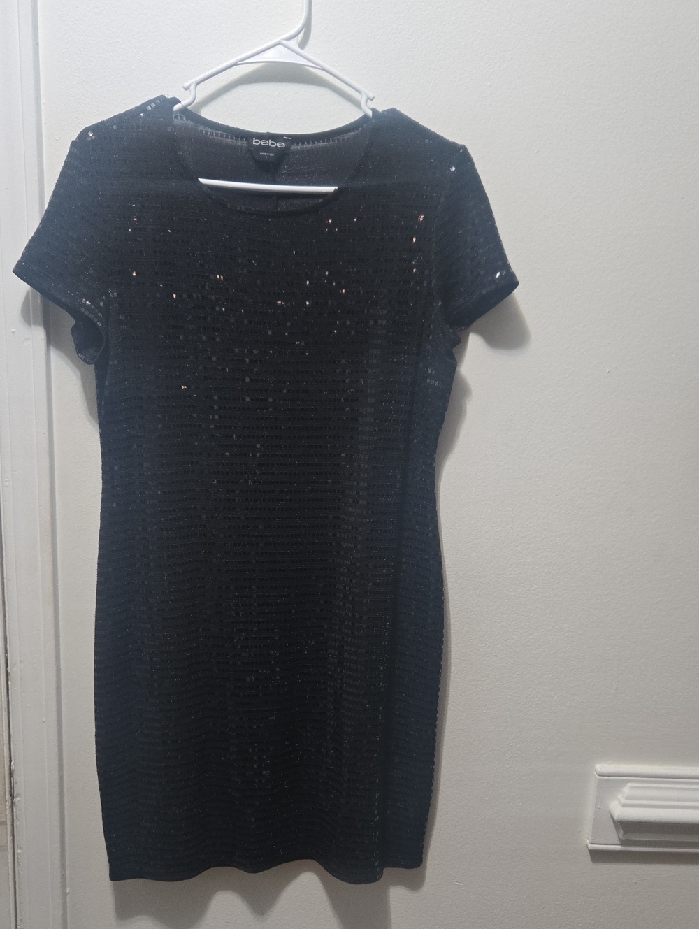 bebe Black Short Sleeve Sequin Shift Dress